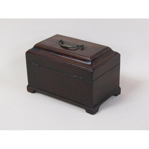 74 - A late Georgian mahogany three compartment tea caddy of sarcophagus form with hinged cover, central ... 