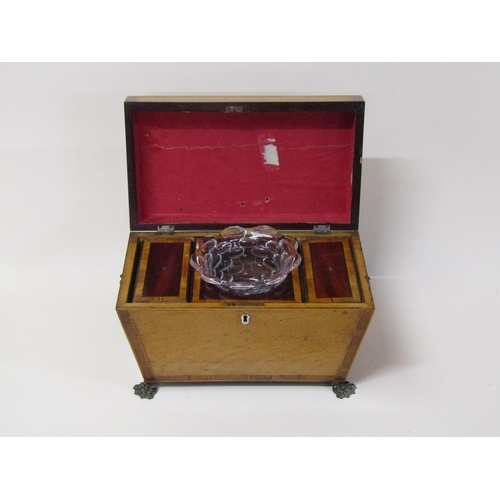 75 - A late Georgian satinwood two compartment tea caddy with mixing bowl and recess, being of sarcophagu... 