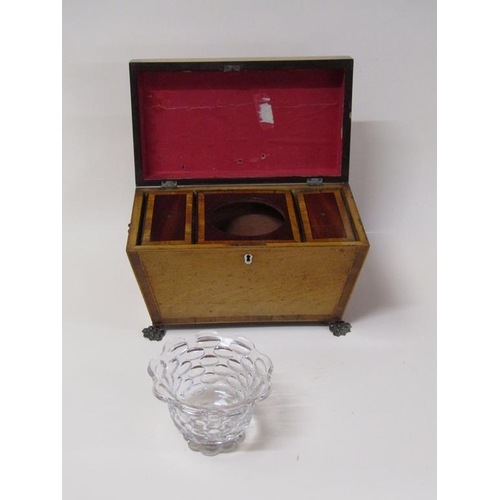 75 - A late Georgian satinwood two compartment tea caddy with mixing bowl and recess, being of sarcophagu... 