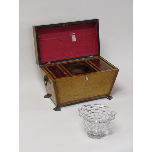 75 - A late Georgian satinwood two compartment tea caddy with mixing bowl and recess, being of sarcophagu... 