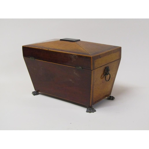 75 - A late Georgian satinwood two compartment tea caddy with mixing bowl and recess, being of sarcophagu... 