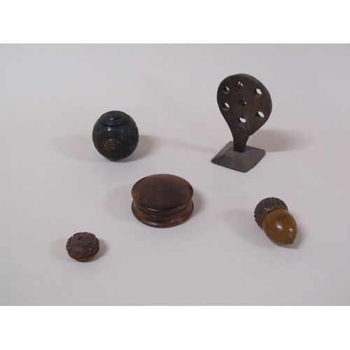 76 - A collection of five items of treen to include a 19c straw splitter signed J Austin, 10cm h, a late ... 