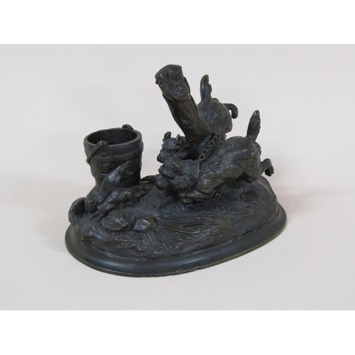 80 - A Victorian cast bronze figure group of two chained terriers chasing rats, the a vesta bucket, signe... 