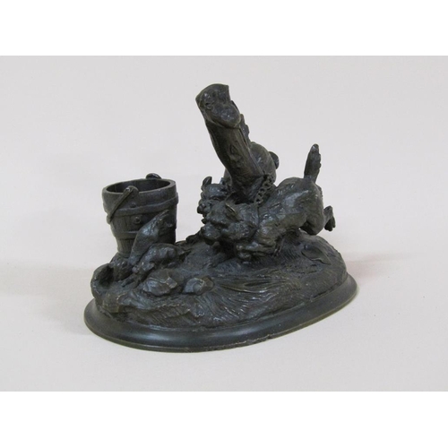 80 - A Victorian cast bronze figure group of two chained terriers chasing rats, the a vesta bucket, signe... 