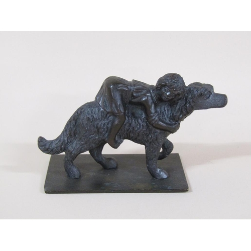 85 - A Victorian bronze figure group of a girl having a ride on a large dog, 7cm w.