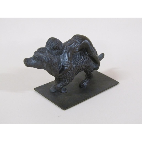 85 - A Victorian bronze figure group of a girl having a ride on a large dog, 7cm w.