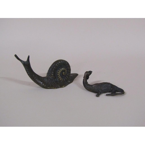 91 - An early 20c patinated bronze miniature figure of Loch Ness monster, the base inscribed Loch Ness, 5... 