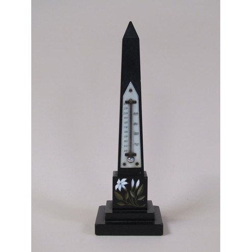 95 - An Edwardian period black slate obelisk thermometer stand, the base with a Pietra dura floral panel,... 