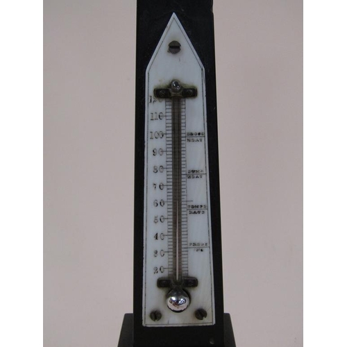 95 - An Edwardian period black slate obelisk thermometer stand, the base with a Pietra dura floral panel,... 