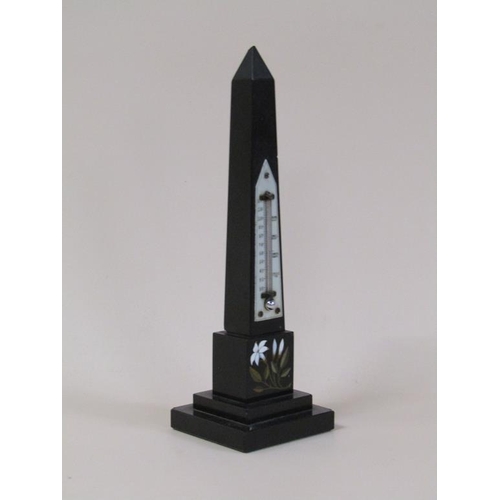 95 - An Edwardian period black slate obelisk thermometer stand, the base with a Pietra dura floral panel,... 