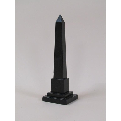 95 - An Edwardian period black slate obelisk thermometer stand, the base with a Pietra dura floral panel,... 