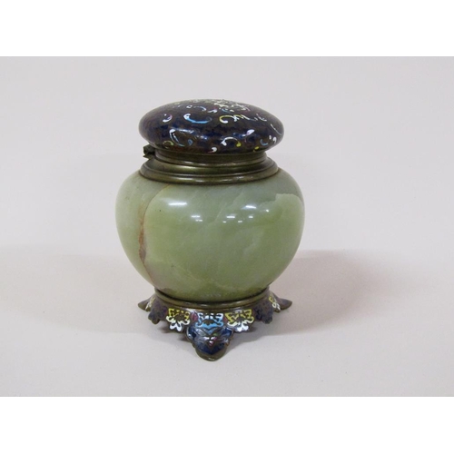 96 - A late 19c/early 20c French green onyx inkwell with a champlevé enamel hinged cover and base, 11.5cm... 