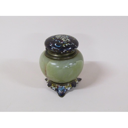 96 - A late 19c/early 20c French green onyx inkwell with a champlevé enamel hinged cover and base, 11.5cm... 