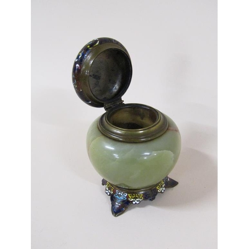 96 - A late 19c/early 20c French green onyx inkwell with a champlevé enamel hinged cover and base, 11.5cm... 