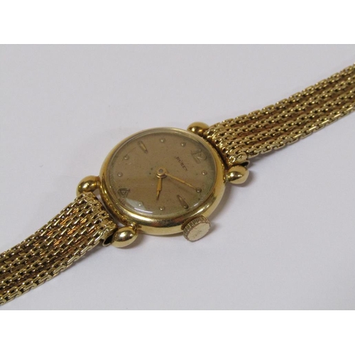 111 - An 18ct gold cased Buren ladies watch on a 14ct woven gold strap, 20.4g total weight.