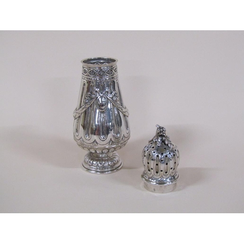 140 - A 19c French silver sugar caster with a pierced dome cover, fruit finial and swags to the baluster b... 