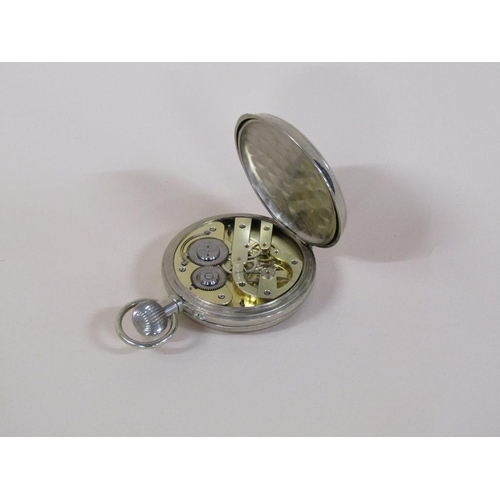 141 - A silver and leather cased verge pocket watch type movement in a silver plated case, movement workin... 