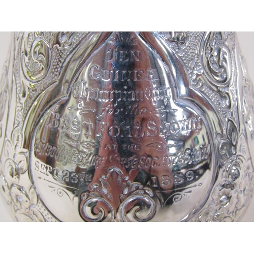 149 - A late Victorian two handled silver trophy cup, awarded for the best foal in show 1889, with lift of... 