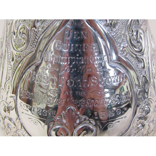 149 - A late Victorian two handled silver trophy cup, awarded for the best foal in show 1889, with lift of... 