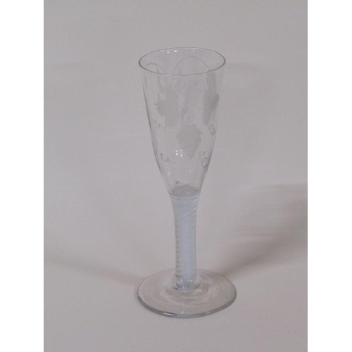 160 - A Georgian wine glass with twisted stem, engraved with wheatsheaf's and leaves, 16.5cm h.