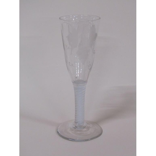 160 - A Georgian wine glass with twisted stem, engraved with wheatsheaf's and leaves, 16.5cm h.