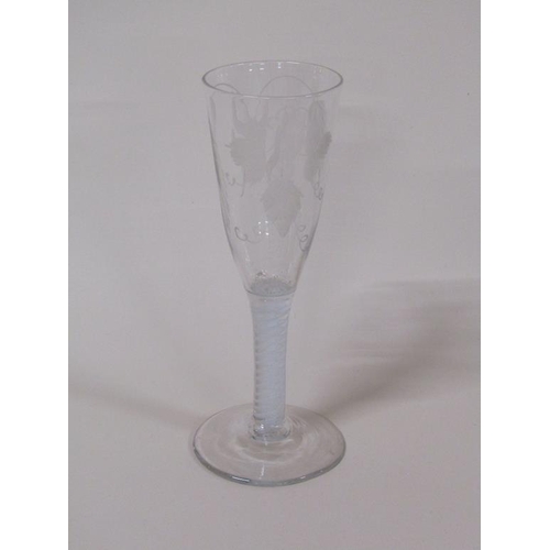 160 - A Georgian wine glass with twisted stem, engraved with wheatsheaf's and leaves, 16.5cm h.