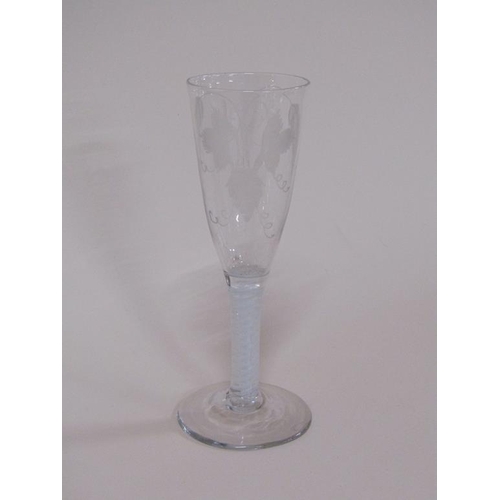 160 - A Georgian wine glass with twisted stem, engraved with wheatsheaf's and leaves, 16.5cm h.