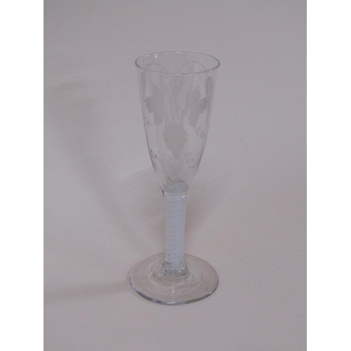 160 - A Georgian wine glass with twisted stem, engraved with wheatsheaf's and leaves, 16.5cm h.