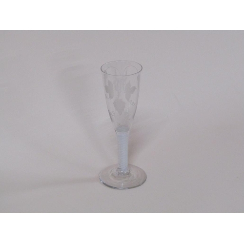 160 - A Georgian wine glass with twisted stem, engraved with wheatsheaf's and leaves, 16.5cm h.