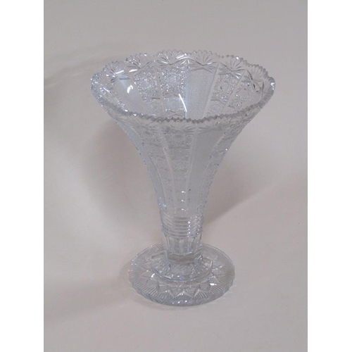 161 - A Bohemian crystal vase, star cut with circular base and trumpet bowl, 32cm h.