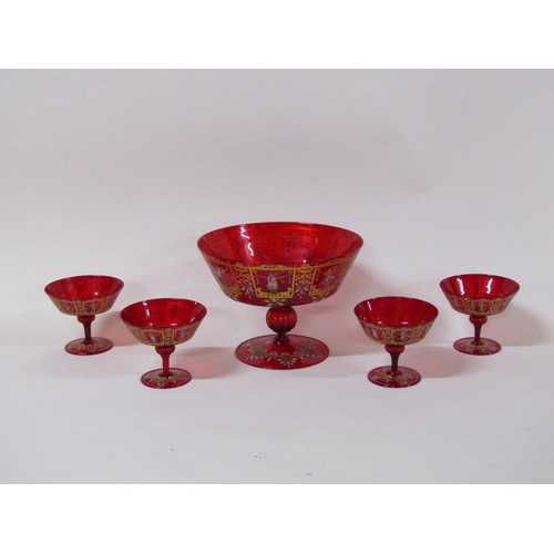 162 - A Venetian dessert set comprising pedestal bowl and four sundae dishes, the glass red, gilded and en... 