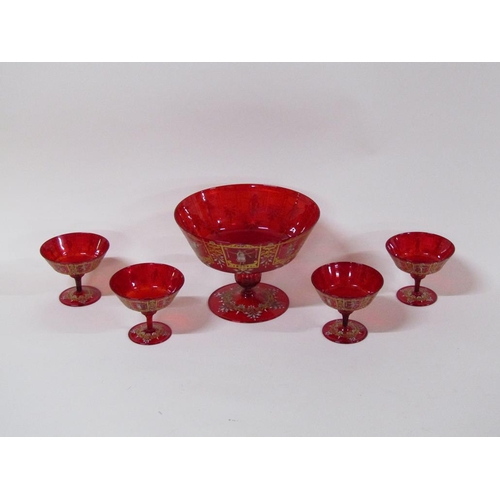 162 - A Venetian dessert set comprising pedestal bowl and four sundae dishes, the glass red, gilded and en... 