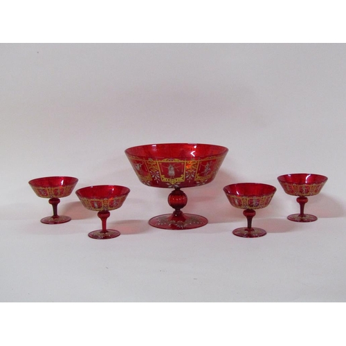 162 - A Venetian dessert set comprising pedestal bowl and four sundae dishes, the glass red, gilded and en... 