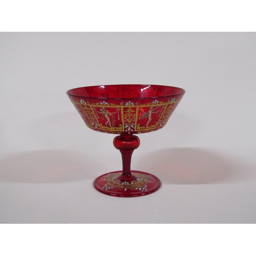 162 - A Venetian dessert set comprising pedestal bowl and four sundae dishes, the glass red, gilded and en... 