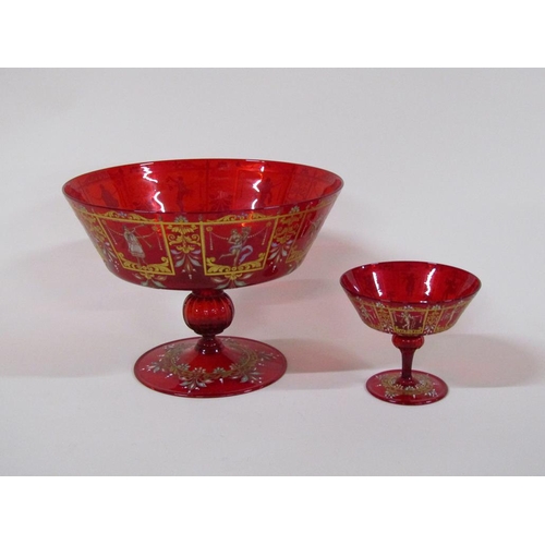 162 - A Venetian dessert set comprising pedestal bowl and four sundae dishes, the glass red, gilded and en... 