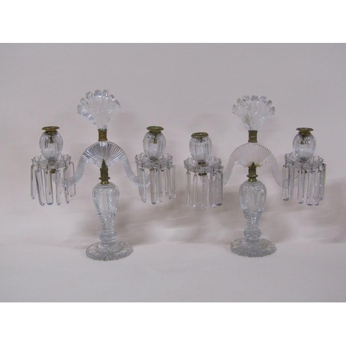 164 - A pair of late 19c/early 20c crystal lustre candelabra, two branched with fan cut finials, one finia... 