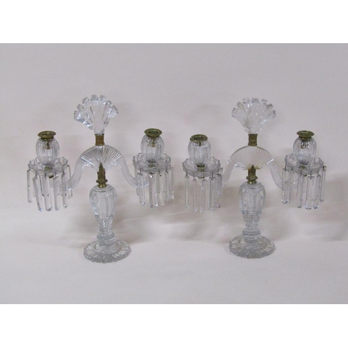 164 - A pair of late 19c/early 20c crystal lustre candelabra, two branched with fan cut finials, one finia... 