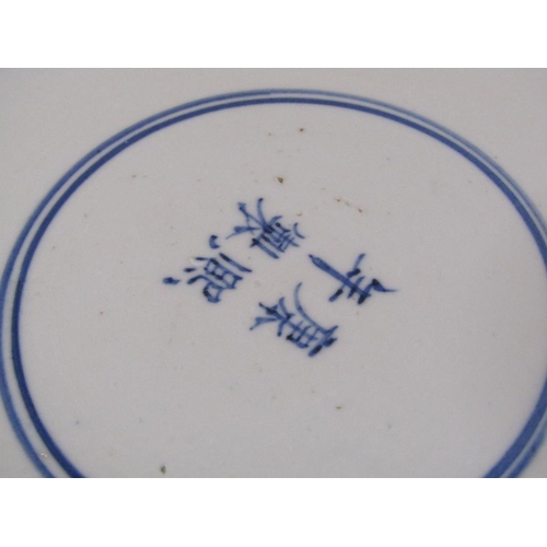 172 - A Chinese blue and white plate decorated with flowers and blossom with a central circular panel, fou... 