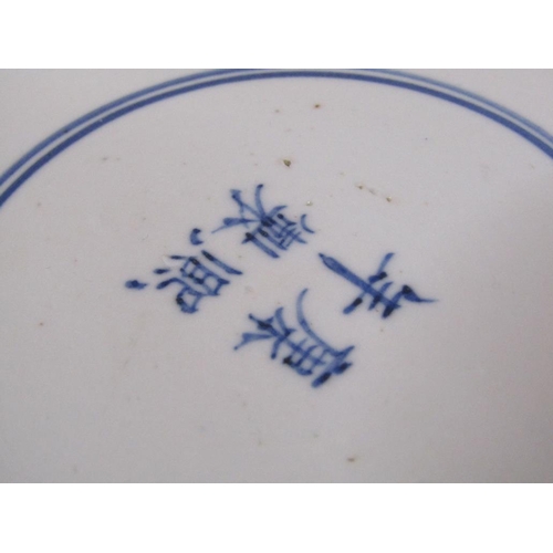 172 - A Chinese blue and white plate decorated with flowers and blossom with a central circular panel, fou... 