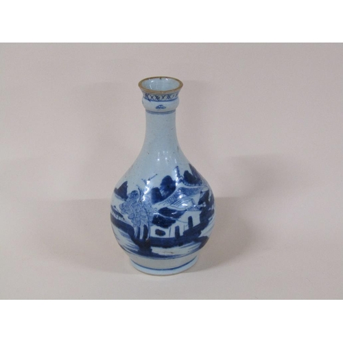 173 - A Chinese blue and white pottery vase of baluster form with bottle neck, decorated with buildings, i... 