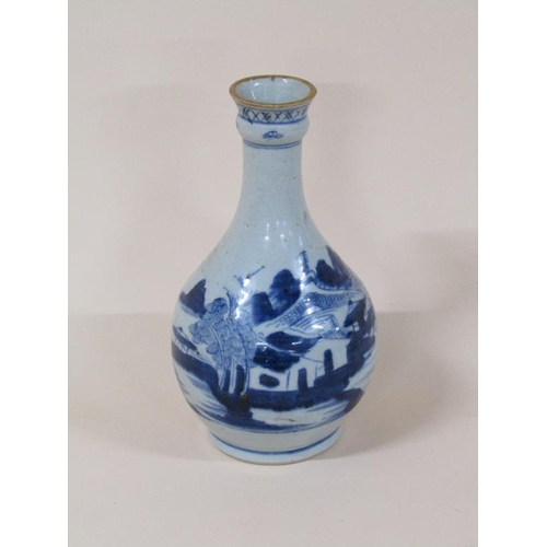 173 - A Chinese blue and white pottery vase of baluster form with bottle neck, decorated with buildings, i... 