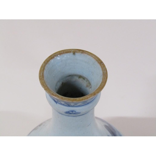 173 - A Chinese blue and white pottery vase of baluster form with bottle neck, decorated with buildings, i... 