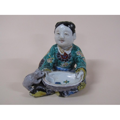 174 - An Oriental polychrome figure of a boy with bowl feeding a dog, a/f to dogs tail, 13cm h.