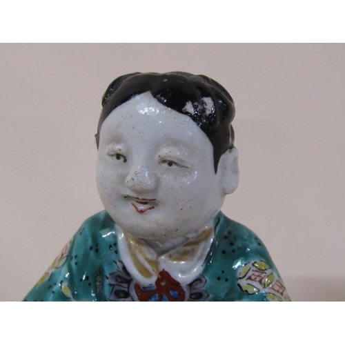 174 - An Oriental polychrome figure of a boy with bowl feeding a dog, a/f to dogs tail, 13cm h.