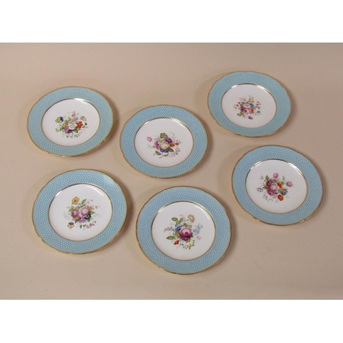 180 - A set of six 19c Madelay porcelain plates, hand painted by William Cook, with blue white spotted bor... 