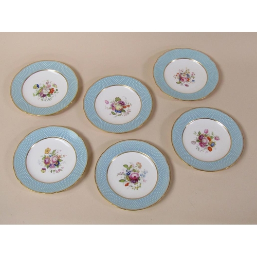 180 - A set of six 19c Madelay porcelain plates, hand painted by William Cook, with blue white spotted bor... 