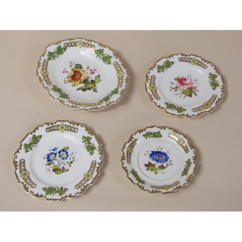 182 - A 19c H & R Daniels part service, hand painted with flowers, each a different design within a moulde... 