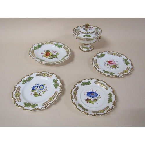 182 - A 19c H & R Daniels part service, hand painted with flowers, each a different design within a moulde... 