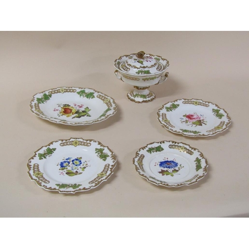 182 - A 19c H & R Daniels part service, hand painted with flowers, each a different design within a moulde... 