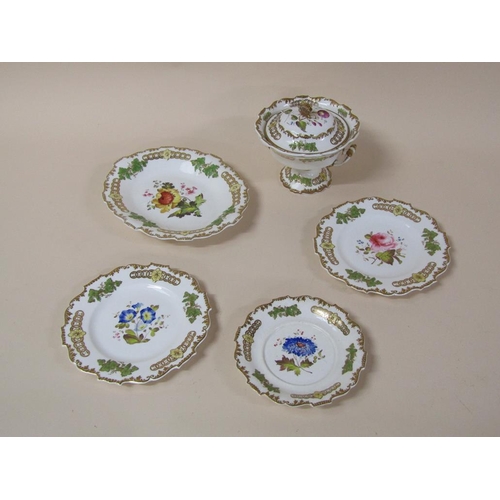 182 - A 19c H & R Daniels part service, hand painted with flowers, each a different design within a moulde... 